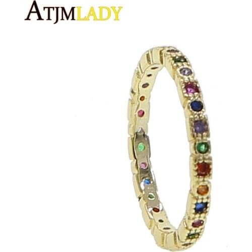 2020 New Vermeil Rainbow Colorful Cz Engagement Band Ring For Women Elegance Thin Engagement Band Stack Stacking Finger Rings