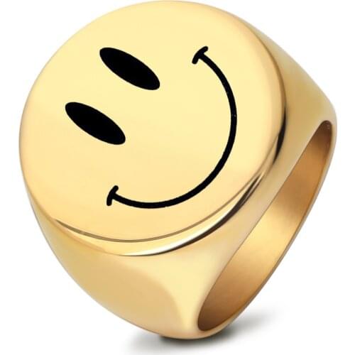 Trendy Vintage Happy Smiley Face Stainless Steel Female Ring Vintage Gothic Gold Color Rings Party Jewelry Gifts