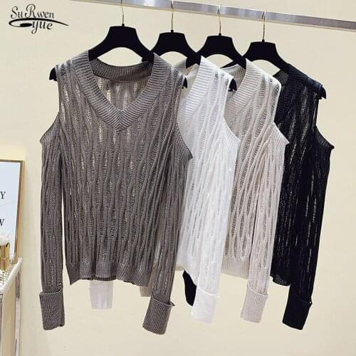 Autumn New 2021 Womens Loose-fitting Fashion Sunscreen Top Korean Version Long Sleeve Off Shoulder Hollow V-neck Knitwear 15928