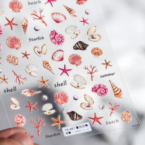 New 5D Engraved Nail Sticker Red Color Shell Starfish Charm Desgin Empaistic Nail Slide Decals Z0465