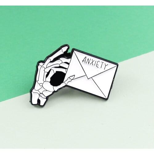 New Punk Gothic Enamel Pins Skeleton Finger Hand Holding ANXIETY R.I.P. Halloween Personalized Denim Shirt Badge Jewelry