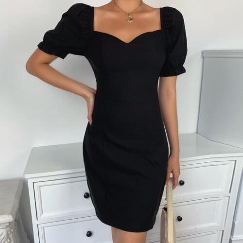 Solid Color Square Neck Puff Sleeve High Waist Short Sleeve Commuter Dress Women Girls party