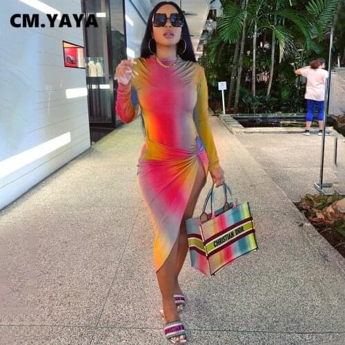 CM.YAYA Tight Slim Mid-calf Length Party Dresses Gradients Print Sexy Long Sleeve Elegant Womens Midi Dress Club Party 2021