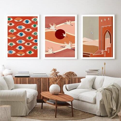 Nordic Abstract Desert Moon Posters And Print Eye Circus Canvas Painting Spirit Animals Crane Wall Art Pictures Livingroom Decor