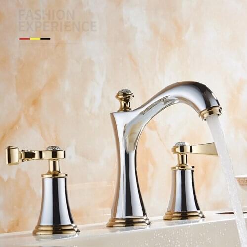 Basin Faucets Chrome and Gold Brass Deck Mounted Square Bathroom Sink Faucets 3 Hole Double Handle Hot and Cold Water Taps