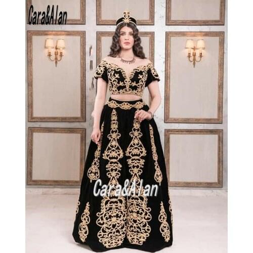 Traditional Tunisian Prom Dresses Black Velvet Two Pieces Evening Dress Applique Off the Soulder robe de soirée de mariage