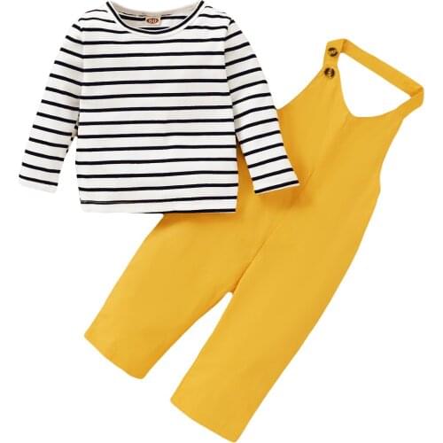 2020 Kids Baby Girls Fashion 2-piece Outfit Set Long Sleeve Striped Top and Solid Color Jumpsuit Set Autumn Spring Clothing