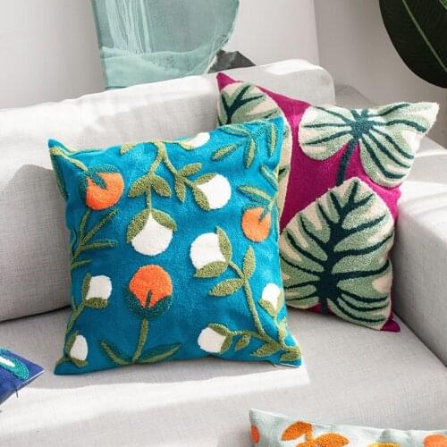 Embroidery Decorative Pillow Cover 45*45CM Cotton Cushion Pillow Case Modern Plant Floral Patterns Decor Couch Bed Sofa Bedroom
