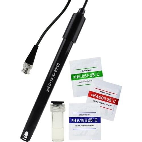 High Accuracy pH Electrode with Calibration Powder, 0-14 pH Glass Bulb Probe with BNC Connector 300cm Cable for Wide Application