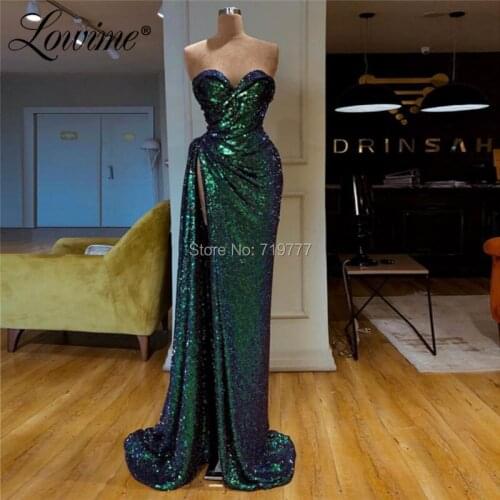 Saudi Arabic Sequin Green Evening Dresses 2019 Robe De Soiree Prom Dress Kaftans High Split Side Sweetheart Sexy Party Gowns