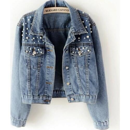 2021Pearl Beaded Short Denim Jacket Womens Long Sleeve Fashion Retro Casual Jacketdenim Plus Size Spring Autumn Jacket