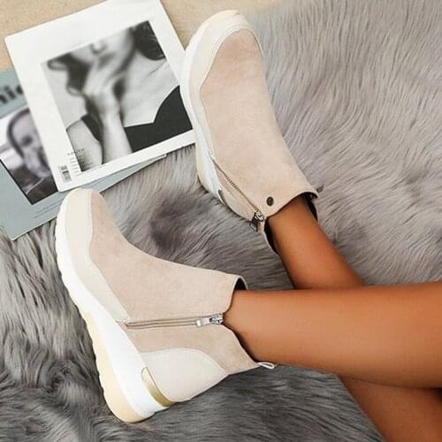 Women Ankle Boots Zip Low Heels Ladies Shoes Round Toe Pu Leather Short Boots Winter Autumn Warm Fur Plus Size Female Footwear