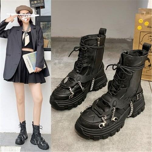 New 2021 High Quality Leather Women Ankle Boots Female Autumn Sexy Chain Motorcycle Booties Lace Up Worker Army Black Goth Shoe