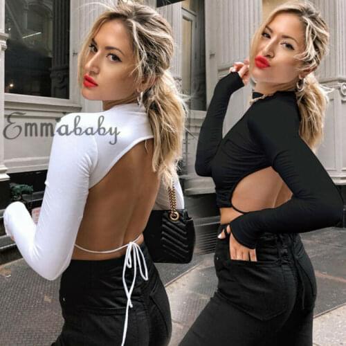 Women Summer Crop Top Sweatshirt Sheer Backless Sexy O Neck Long Sleeve Ladies T-Shirt Tee Pullover Jumper Bodycon Shirts Party
