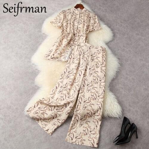 Seifrmann New 2021 Summer Women Fashion Runway Pants Set Short Sleeve Slim Long Shirts + High Waist Printed Wide Leg Long Pants