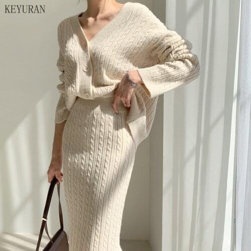 New Autumn And Winter Casual Two Pieces Set Women Loose Single Breasted Soft Sweater Cardigan Coats +Solid Knitted Skirts Suits