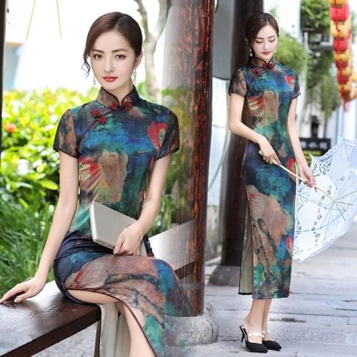 New Summer Long Cheongsam Qipao Silk Fashion Daily Women Dress Slim Party Costume Vintage Dresses Landscape Print
