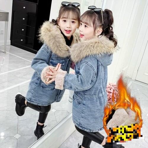 2020 Winter Baby Girl Denim Jacket Plus Fur Warm Toddler Girl Outerwear Plush Denim Jackets Cotton Kids Children Girl Parka W759