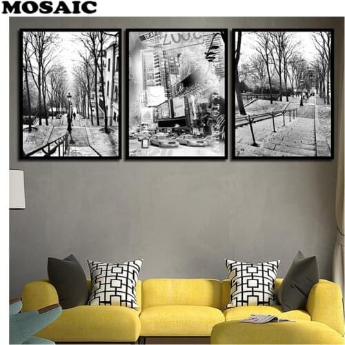 3pcs/set Full Resin Square black white city Landscape diy Diamond Painting 5D Diamond embroidery Mosaic Cross Stitch decoration