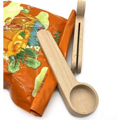 50pcs 16cm 2 in 1 Wooden Coffee Scoop and Bag Clip Solid Beech Wood Measuring Spoon Coffee Bags Sealer Suitable for Ground Beans