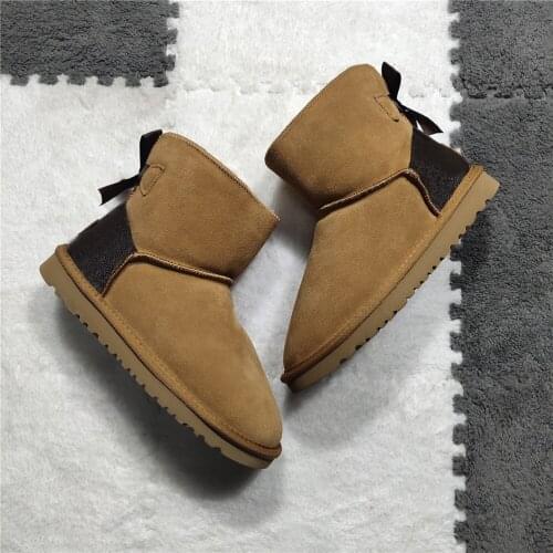 Fashion Ankle bowknot snow boots women Wool fur lined Australia classic genuine leather winter flat warm shoes black