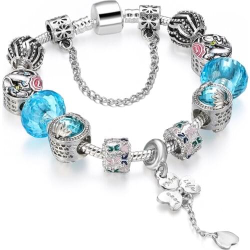 Dropshipping Seven-star worm Charm Pa Bracelet Silver Color Heart Flower Bead Bracelets & Bangles Fashion Jewelry Gift