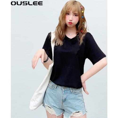 OUSLEE 8 Colors Cotton T Shirts Women Summer Oversized Basic Solid Tees Top Casual Loose Tshirts Korean Style O Neck Female Tops