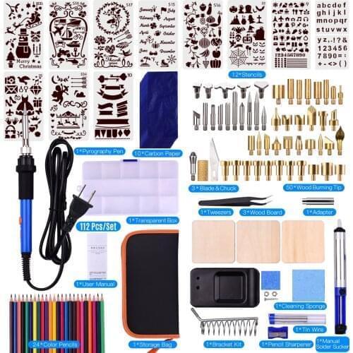 112pcs Wood Burning Kit Adjustable Temperature 220-480℃ Woodburning Tool 60W Pyrography Pen Set for Embossing Carving Soldering