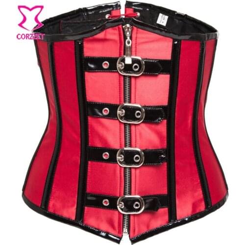 Red Satin &Black PVC Corsets And Bustiers Sexy Gothic Underbust Corset Steampunk Clothing Women Plus Size Corpetes E Espartilhos