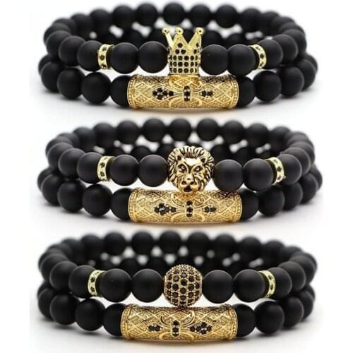 Fashion Natural Stone Bead Bracelet Popular Little Lion Crown and Ball Bracelet Creative Mens Hip Hop Jewelry