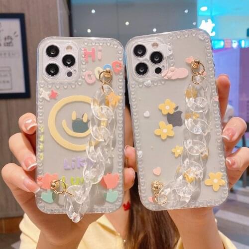 Smiley Soft Wrist Bracelet Transparent Phone Case for iphone 11 12 Mini Pro Max XS X XR 7 8 6 6S Plus SE 2020 Soft Back Cover