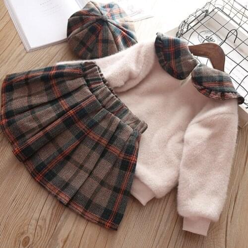 Preppy Style Kids Girls Clothes 3PCS Set Patchwork Collar Pullover+Plaid Skirts Autumn Winter Children Clothing Outfits 12M-5T
