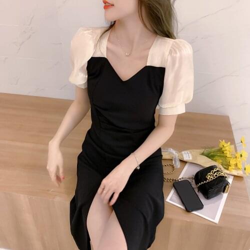 Vintage 2021 French Elegant Midi Dress for Women Puffer Sleeve Vintage Dress Female Sweet Party One Piece Dresses Korean Black