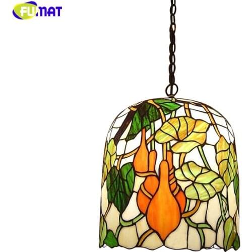 FUMAT Antique Tiffany Style Pendant Lamps Leaf Fruits For Dinning Room Hanging Light Fixture Bell Shade Colorful Stained Glass