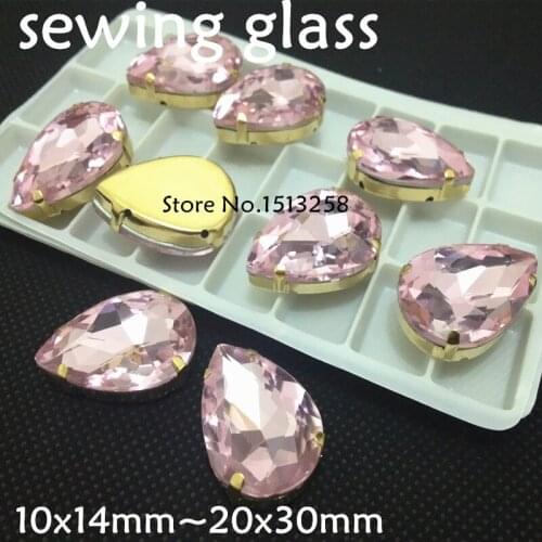 Pink Color Sew On Crystal Teardrop Fancy Stone With Gold Claw Setting 10x14mm,13x18mm,18x25mm,20x30mm