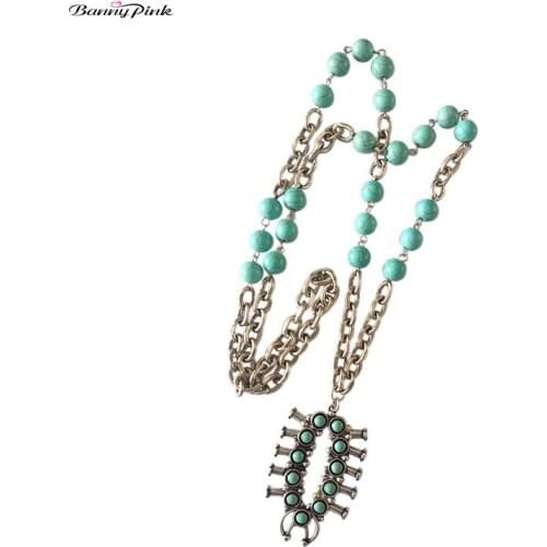 Banny Pink Tribal Enamel Geometric Pendant Necklace For Women Bohemia Round Stone Beads Statement Necklace Long Sweater Chain