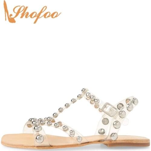 PVC Rivet T-Strap Adult Ladies Sandals Solid Buckle Strap Flat With Leisure Fashion Back Strap Casual Mature Novelty 2021 Summer