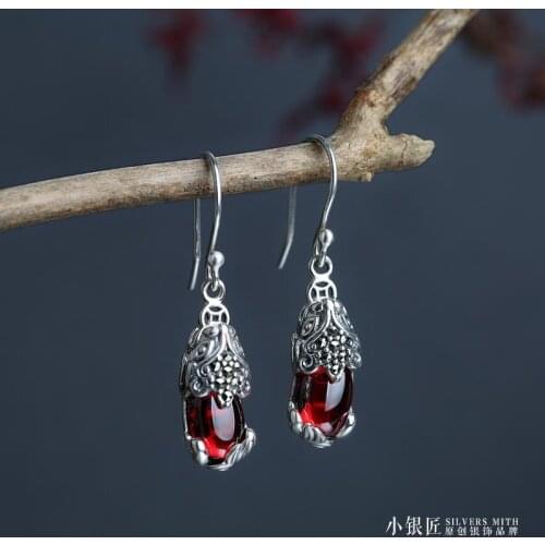 S925 Diamond Diamond Earrings Female Natural Crystal Jade Garnet Silver-Encrusted Jade Retro Temperament Earrings