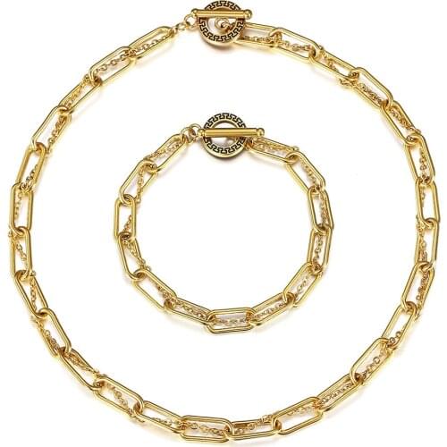 Trendy Twisted Rolo Box Chain Bracelet Neckalce Set Gold Color Stainless Steel Cable Chain Gifts for Her Jewelry Sets TSS019