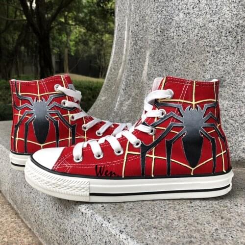 Wen Hand Painted Red Canvas Shoes Design Custom Spider Man Men Womens High Top Canvas Sneakers Girls Boys Gifts