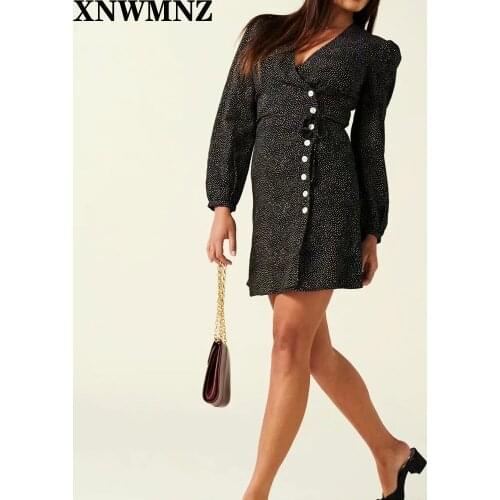 XNWM 2020 women waisted wrap-over cut Black Crayon Dot Print Dress women Chiffon vestidos Vintage Gabinette dress za vadim-Chic