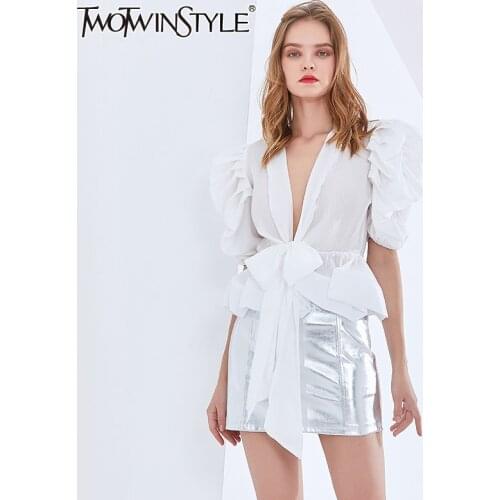 TWOTWINSTYLE White Patchwork Ruffle Shirt For Women V Neck Puff Sleeve Lace Up Bowknot Elegant Blouse Female Fashion Clothing