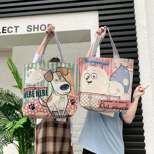 Womens Ethnic Cartoon Embroidery Canvas Handbag Female Casual Tote Large Capacity Shopping Bag Reusable Folding Shoulder Bags