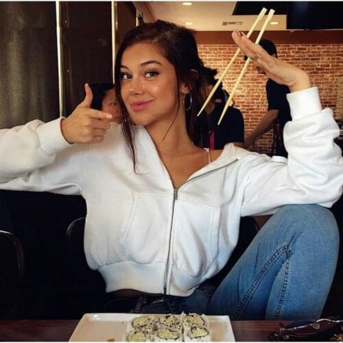 Zip-up autumn winter women hoodies pockets slim crop jacket female clothes drawstring white sexy hoody cotton coats