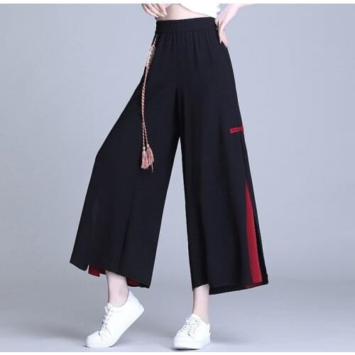 Chinese Style WomenS Pants 2020 New Summer Hippie Ethnic Loose Black Slit Wide Leg Pant Femme Pantalones Kimonos Trousers 11806