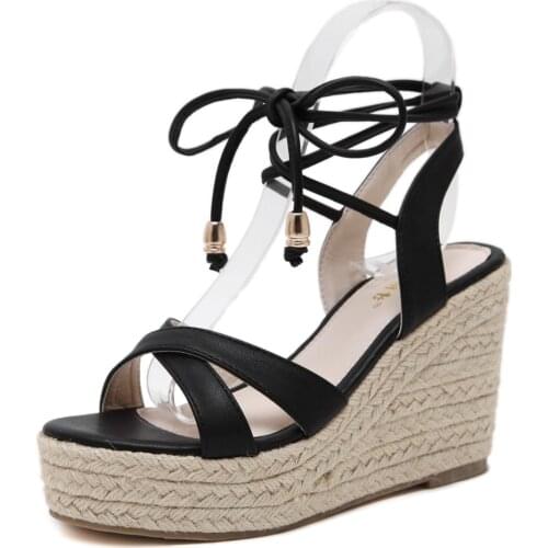 MAKEGSI Womens Jute-Rope Middle Wedge Heel Summer Shoes Flip Sandals Lace Up Dress Shoes