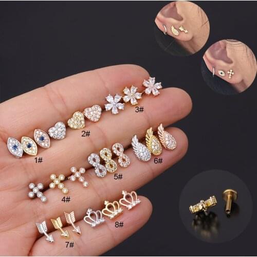 1Piece New Piercing Stud Earrings for Women 2021 Trendy Diameter 1.2mm Heart Crown Arrow Wing Zircon Earrings Gifts for New Year