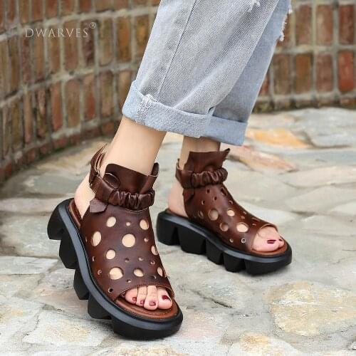 Handmade Leather Light Platform Sandals For Women Mori Girl Style Retro Flip Flops Shoes Coffee/Brown