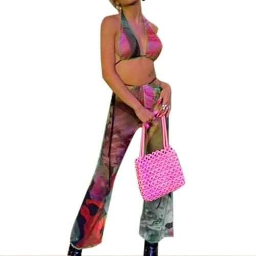 Y2K Womens 2 Piece Summer Outfits Sexy Sheer Mesh Lace-Up Halter Crop Cami Top + Flare Pants Set