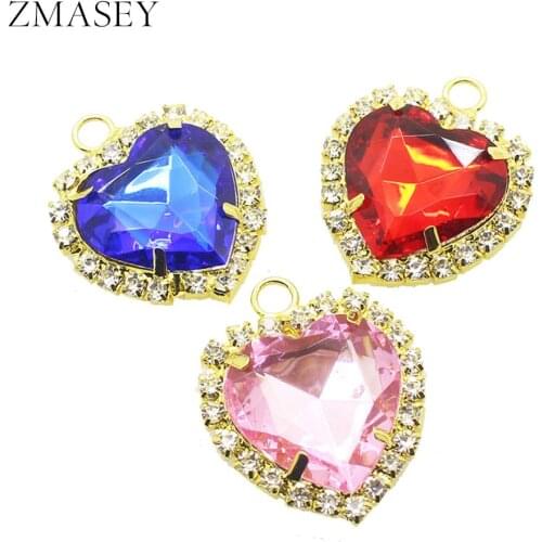 ZMASEY 5Pcs heart-shaped flat-bottomed golden rhinestone acrylic pendant, DIY handmade holiday party gift accessory decoration